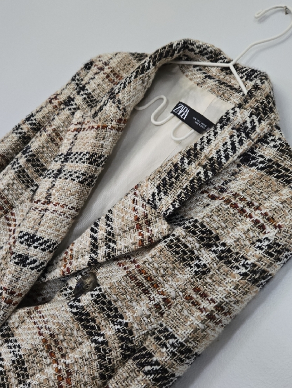 Zara Beige Multi Plaid Double-Breasted Blazer - Picture 8 of 15